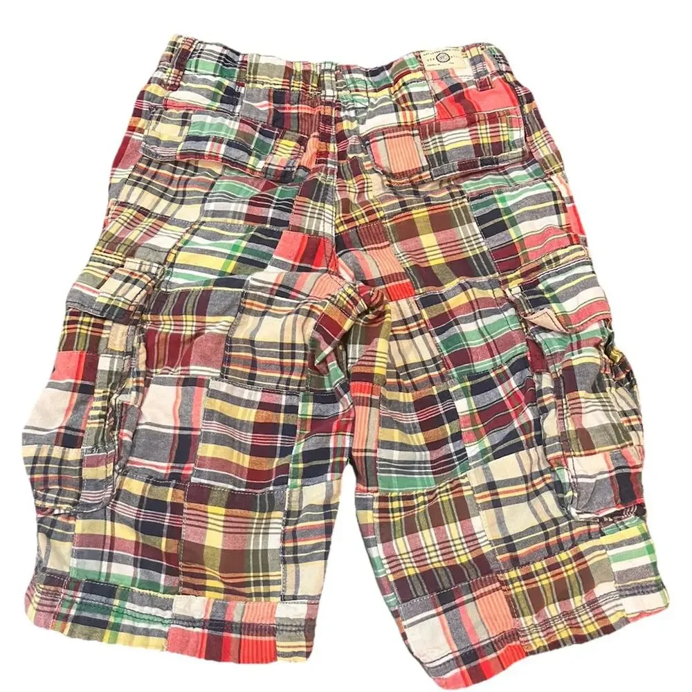 Gap Kids Madras Plaid Cargo Shorts Blue Yellow Green Flat Front Preppy Size 12